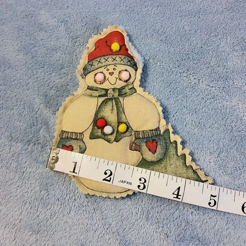 Vintage Handmade Puffed Fabric Snowman Ornament Applique Pom Poms 5.5